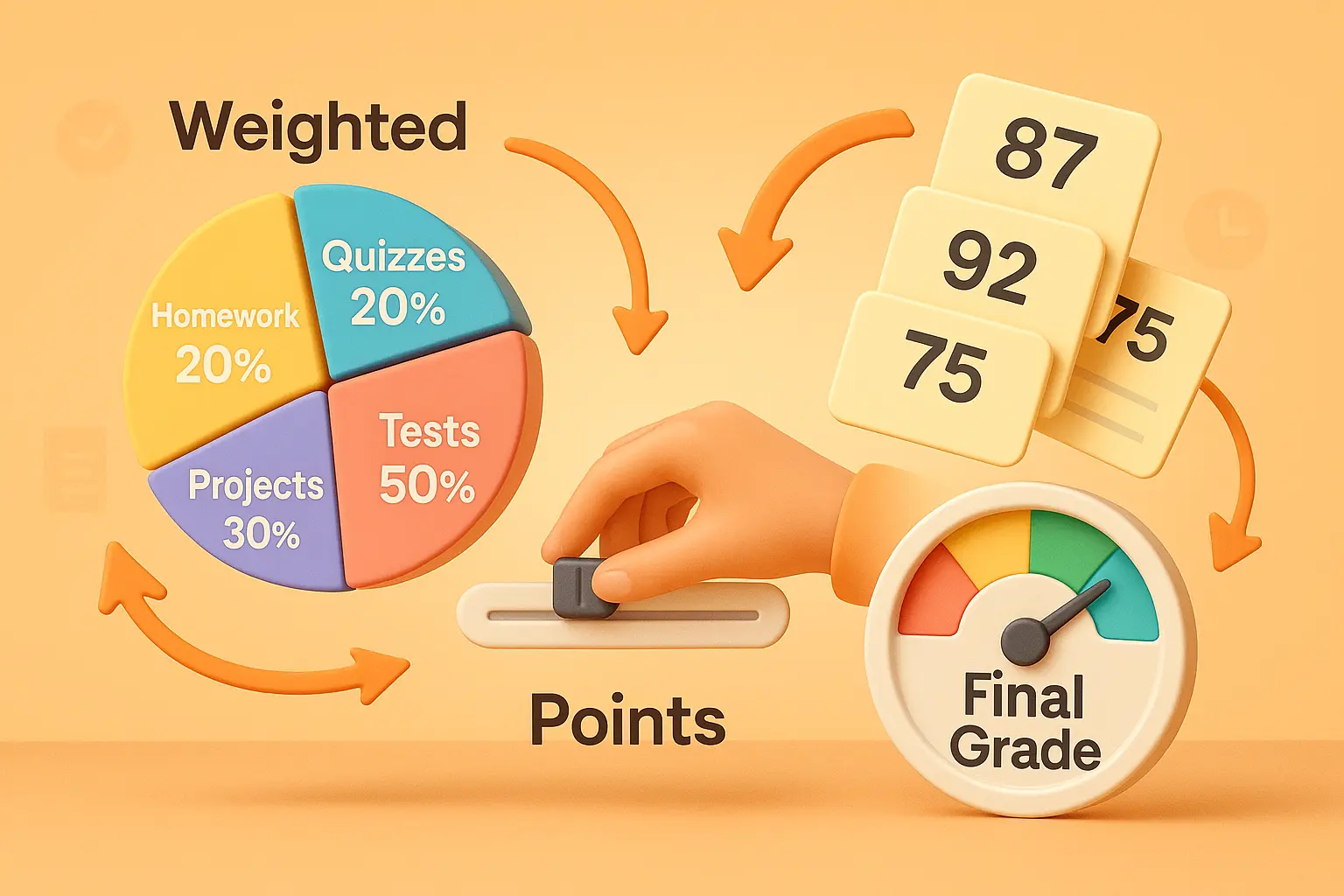 illustration comparing weighted vs. points-based grading, with a pie chart of categories