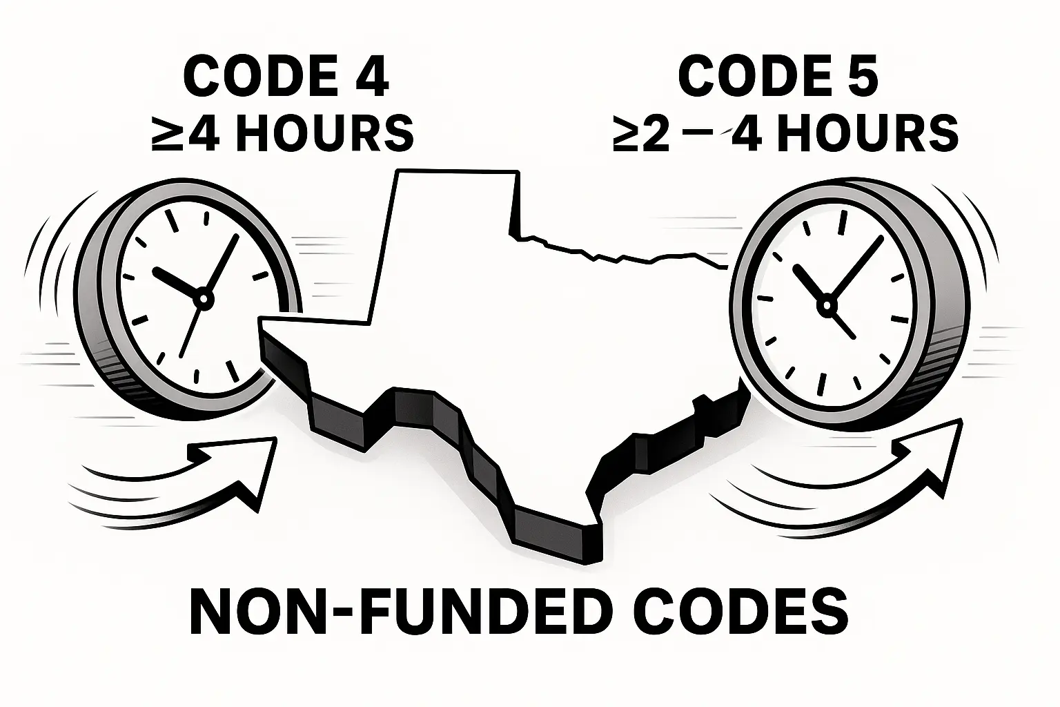 ADA eligibility Code 4 vs 5 in Texas—non-funded codes; clocks show ≥4h (Code 4) and ≥2–<4h (Code 5)