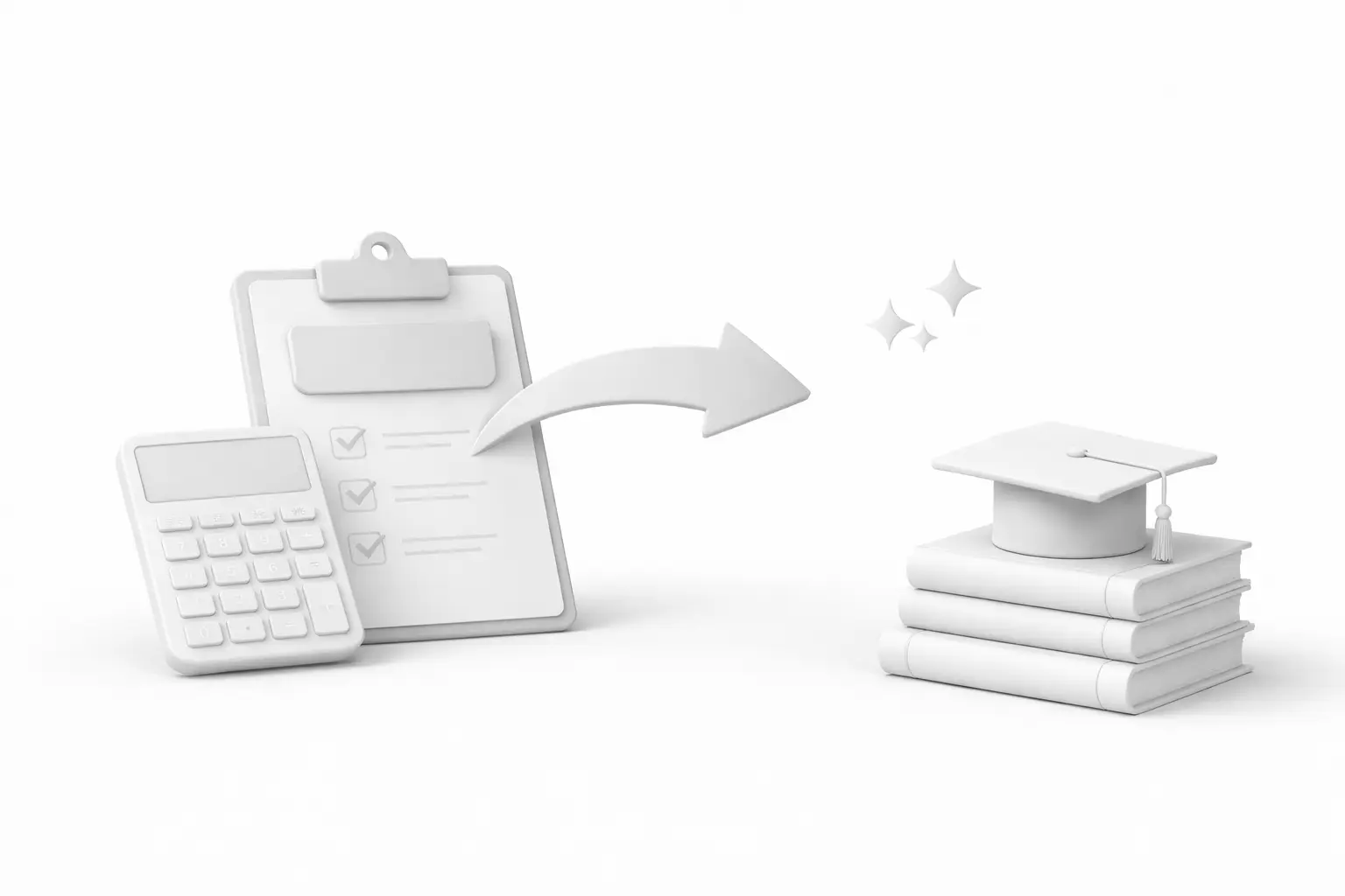 Minimalist 3D illustration of academic grading with a calculator, checklist, arrow, and graduation cap on stacked books.