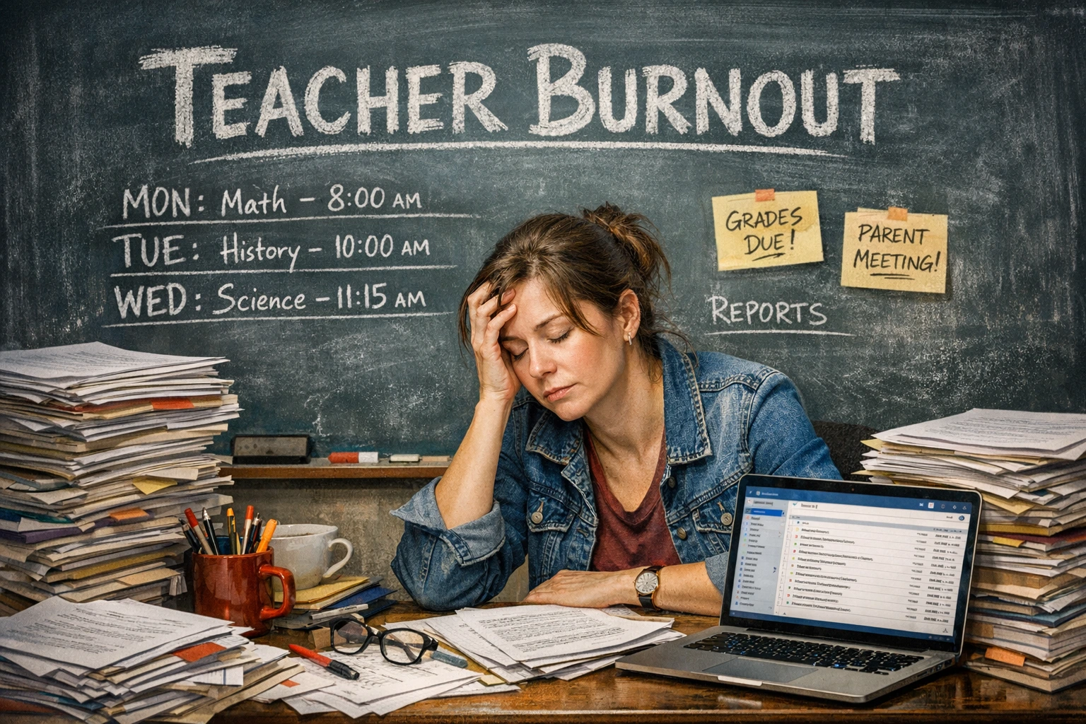 Exhausted K-12 teacher overwhelmed by paperwork and grading - teacher burnout