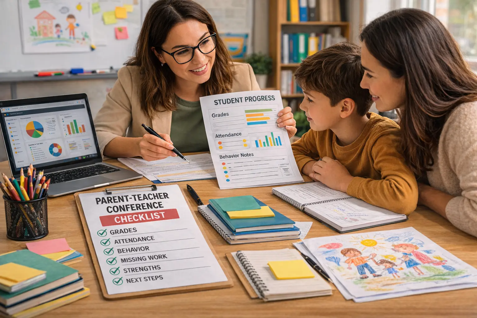 A teacher shows a parent and student a progress report during a parent-teacher conference in a bright classroom
