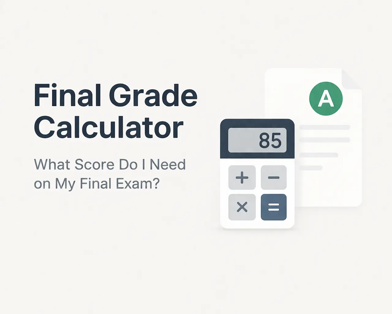 Final grade calculator illustration showing a calculator and graded paper for estimating what score is needed on a final exam