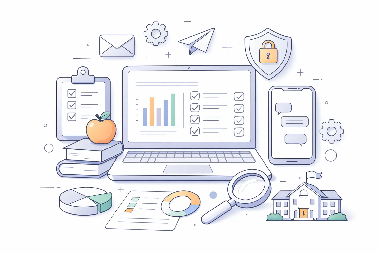 illustration of school management software for small schools, featuring a laptop dashboard, attendance checklist.