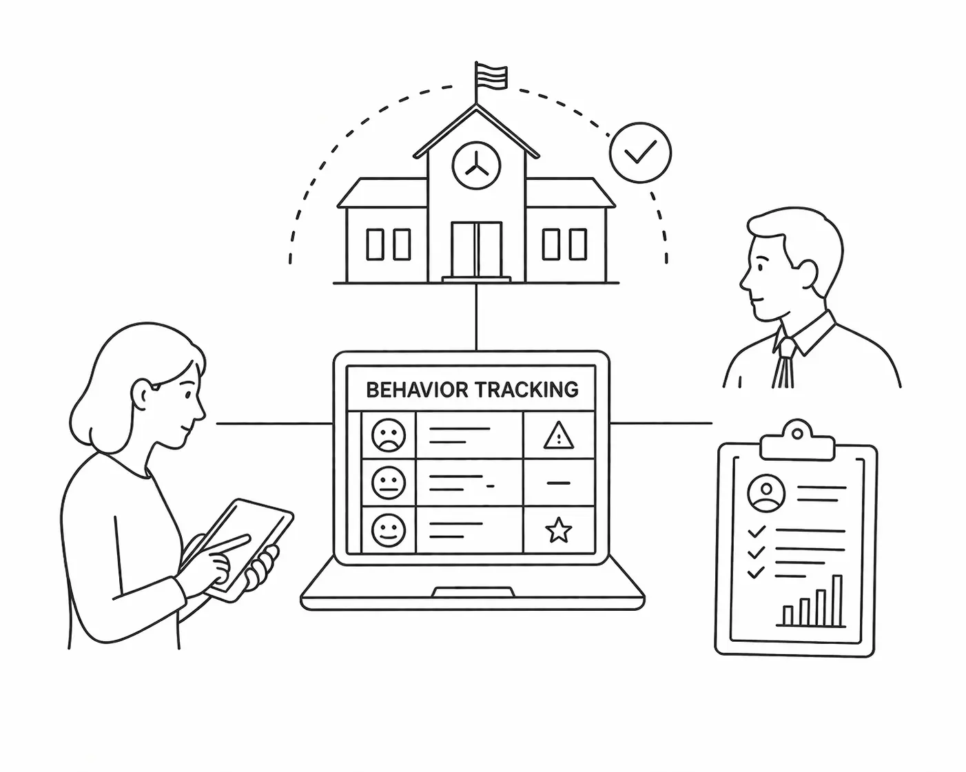 illustration of school behavior tracking software, showing a teacher with a tablet, a school building, a laptop dashboard