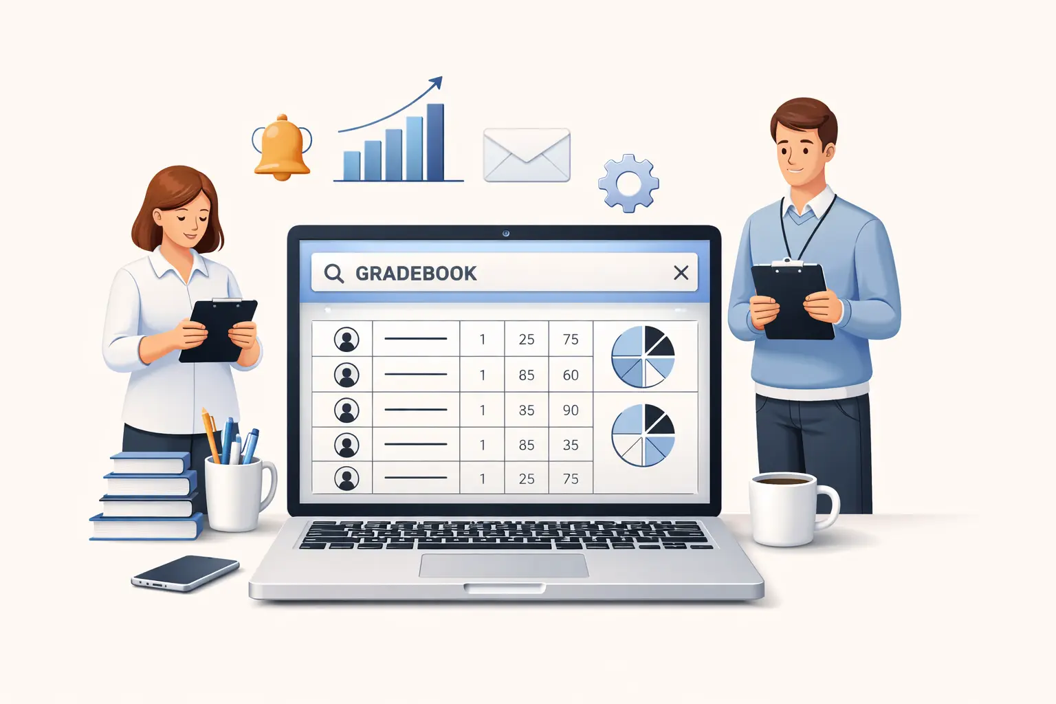 School gradebook software illustration showing a digital gradebook system for K-12 schools with teacher
