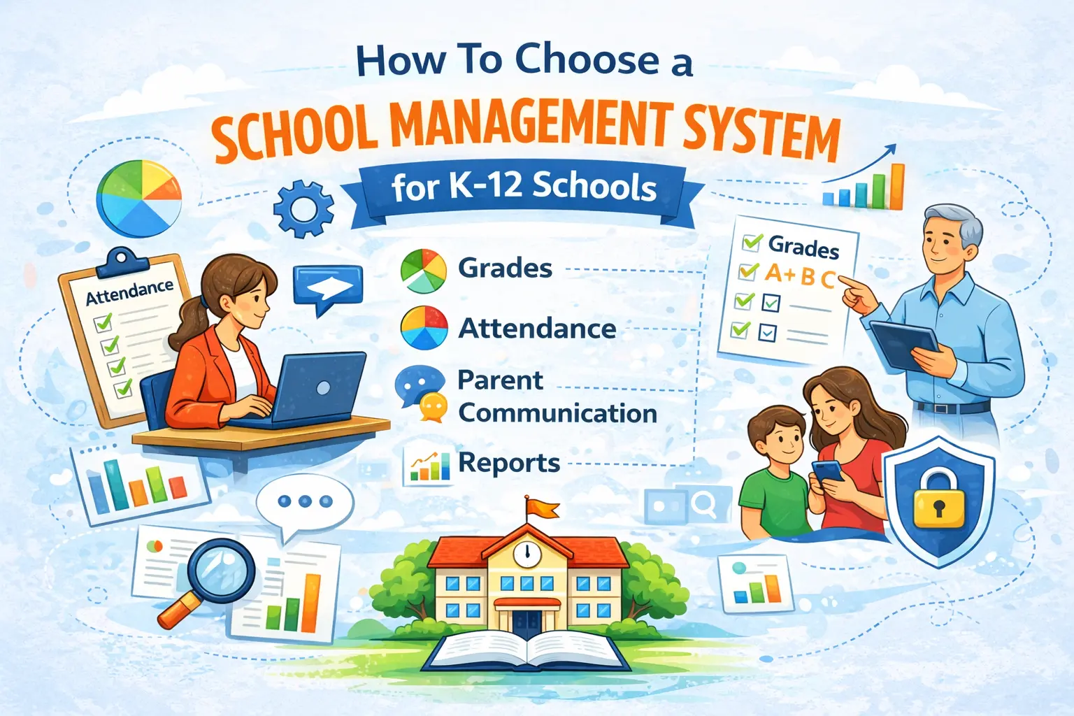 Illustration of a K-12 school management system showing grades, attendance, parent communication
