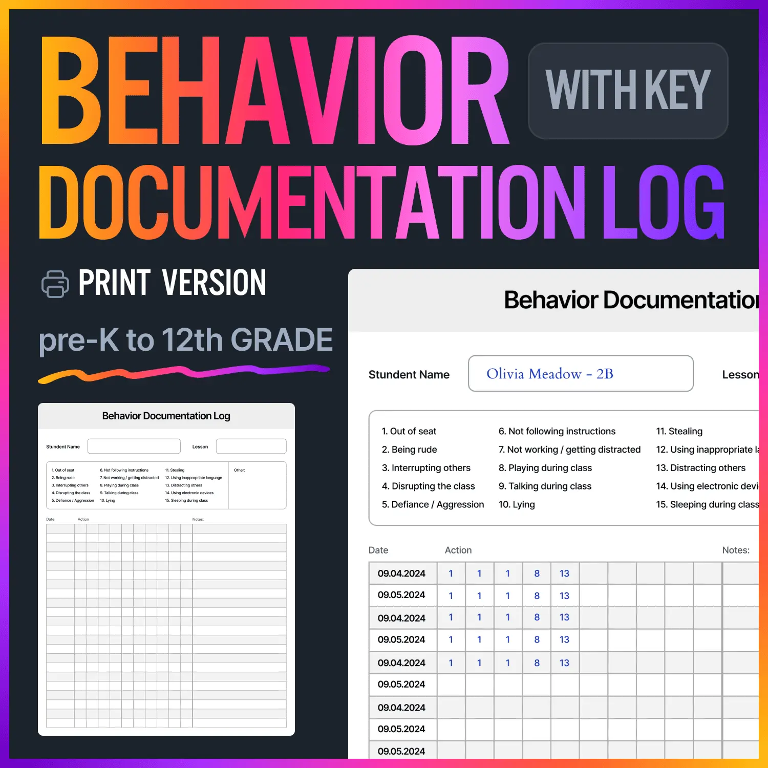 EDITABLE Behavior Documentation Log | Behavior Tracker | With KEYs | + Printable
