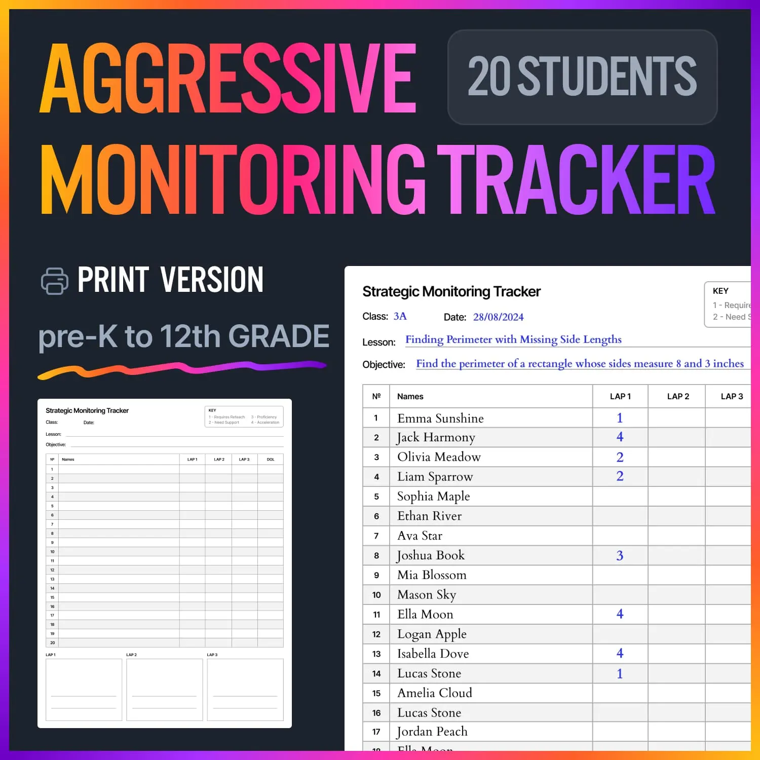 Aggressive Monitoring Strategic Data Tracker | 20 Students | 3–4 Laps | Includes Key
