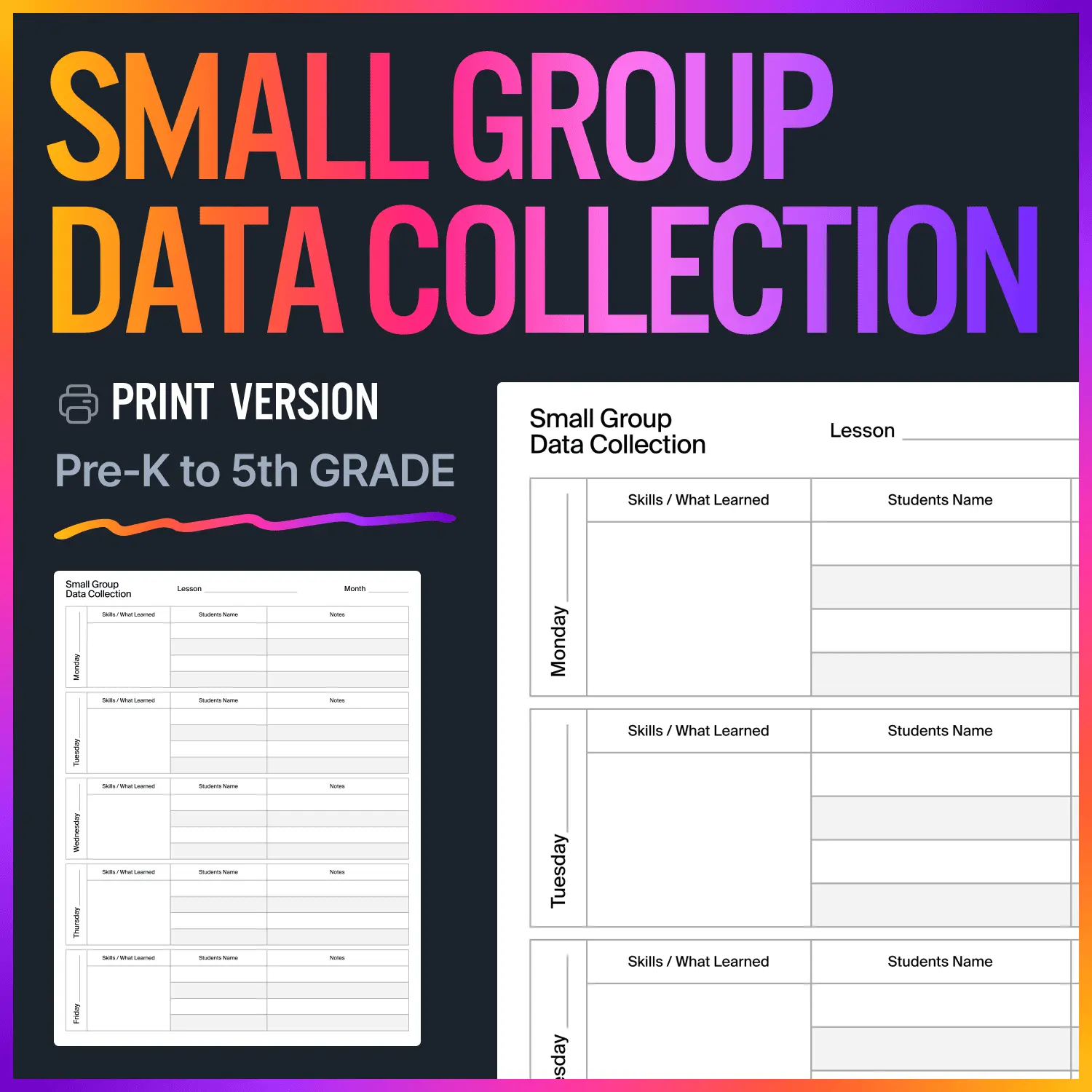 Small Group Data Collection Sheet | Printable Progress Tracker Pre-K - 5th Grade