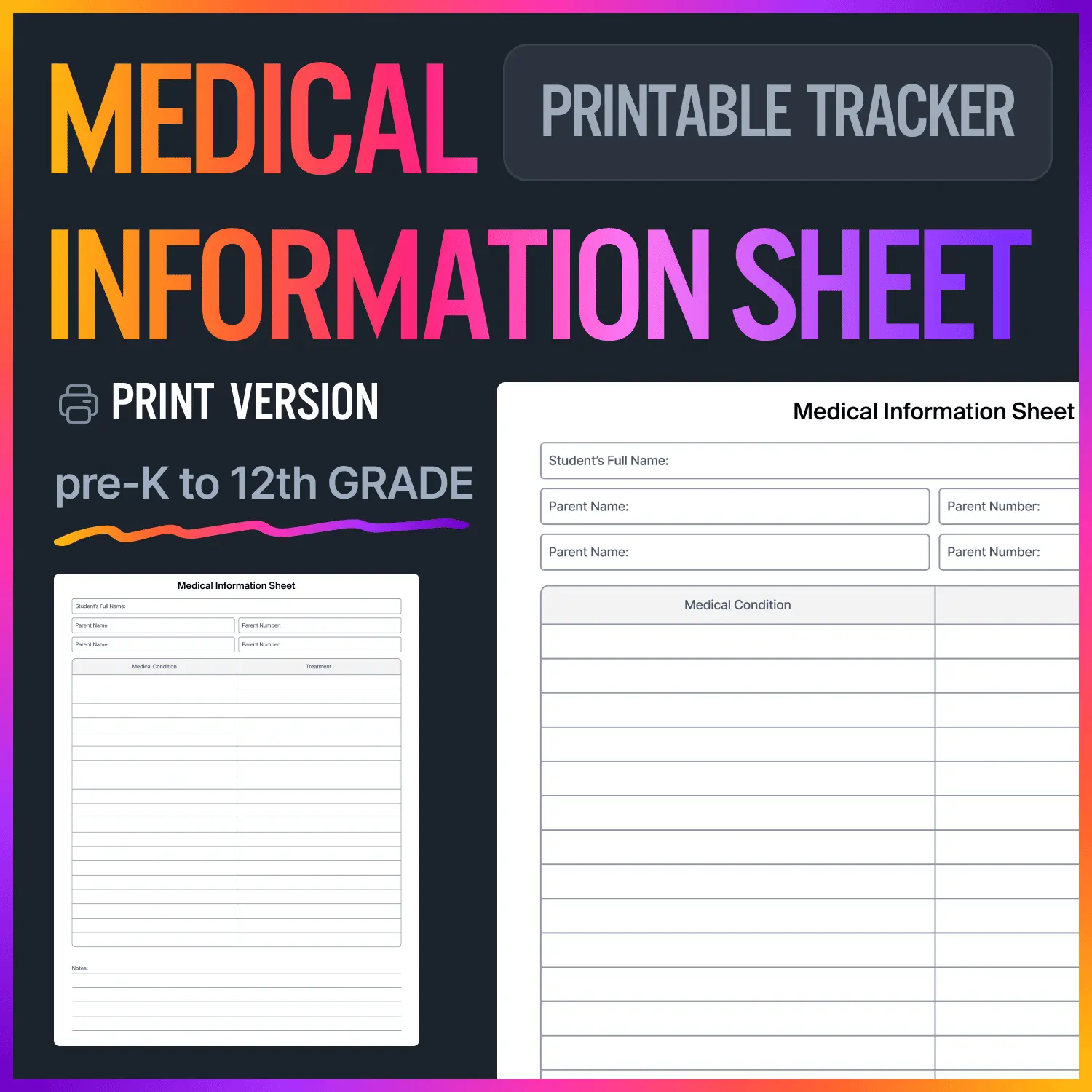 Free Medical Information Sheet | Printable Student Health Tracker