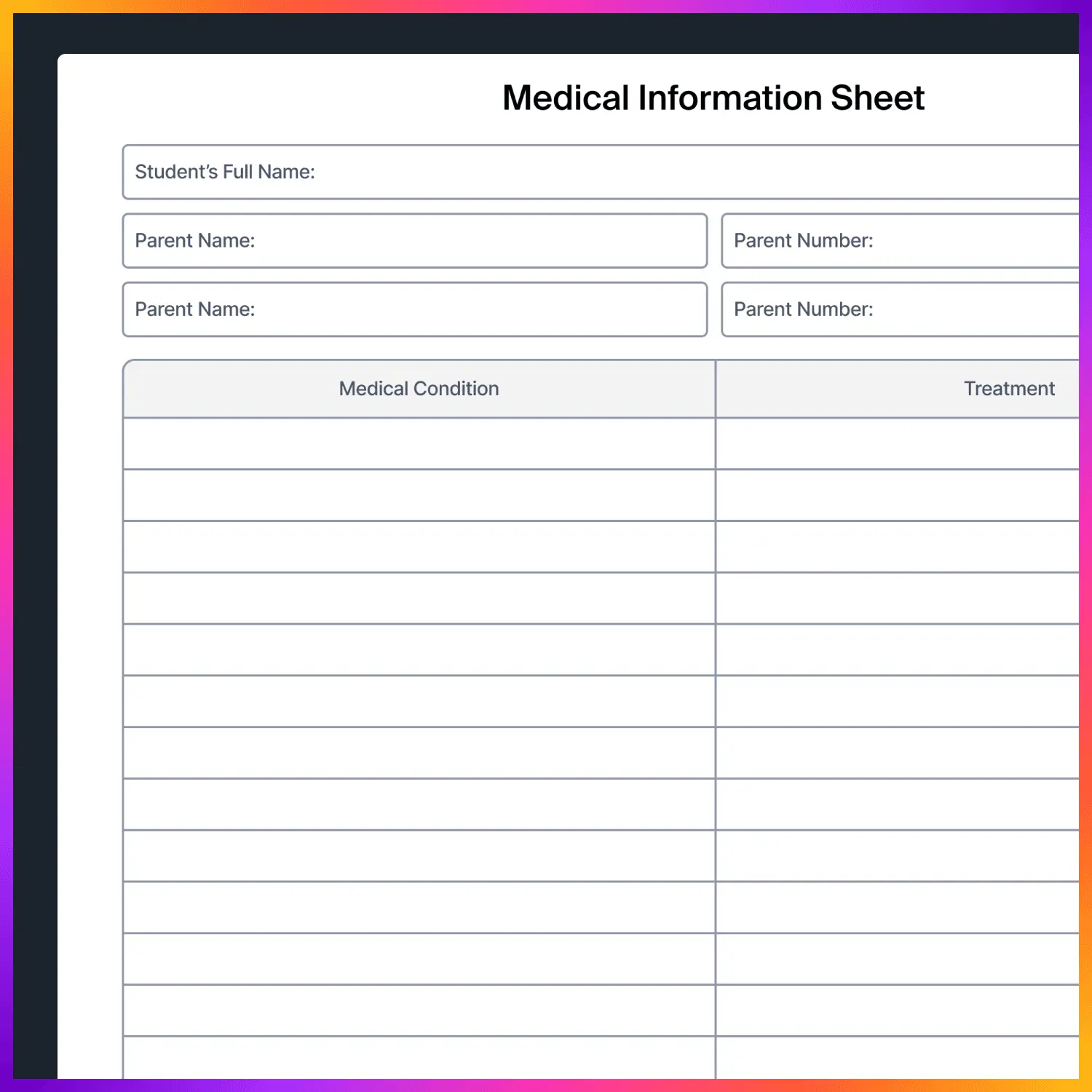 Free Medical Information Sheet | Printable Student Health Tracker - Gallery image 1