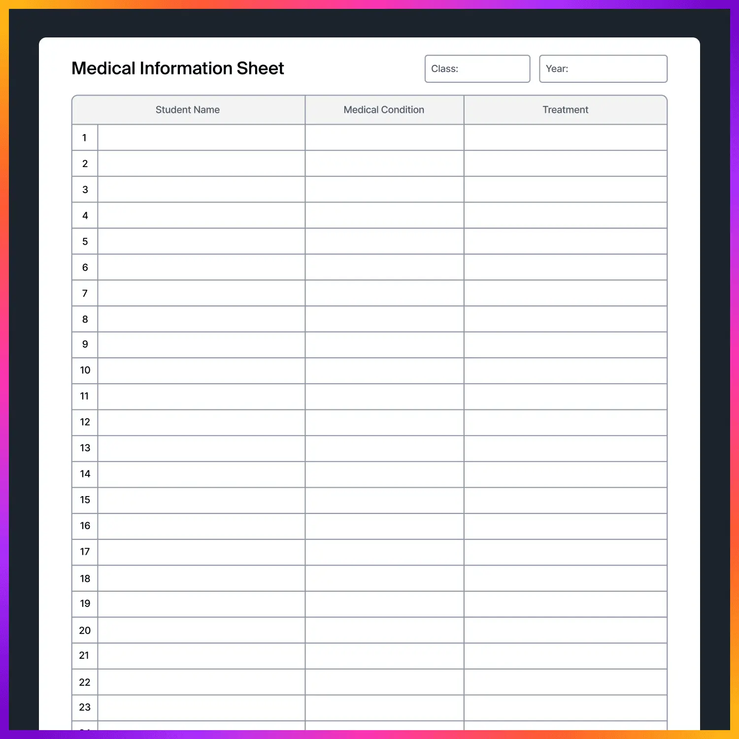 Free Medical Information Sheet | Printable Student Health Tracker - Gallery image 3