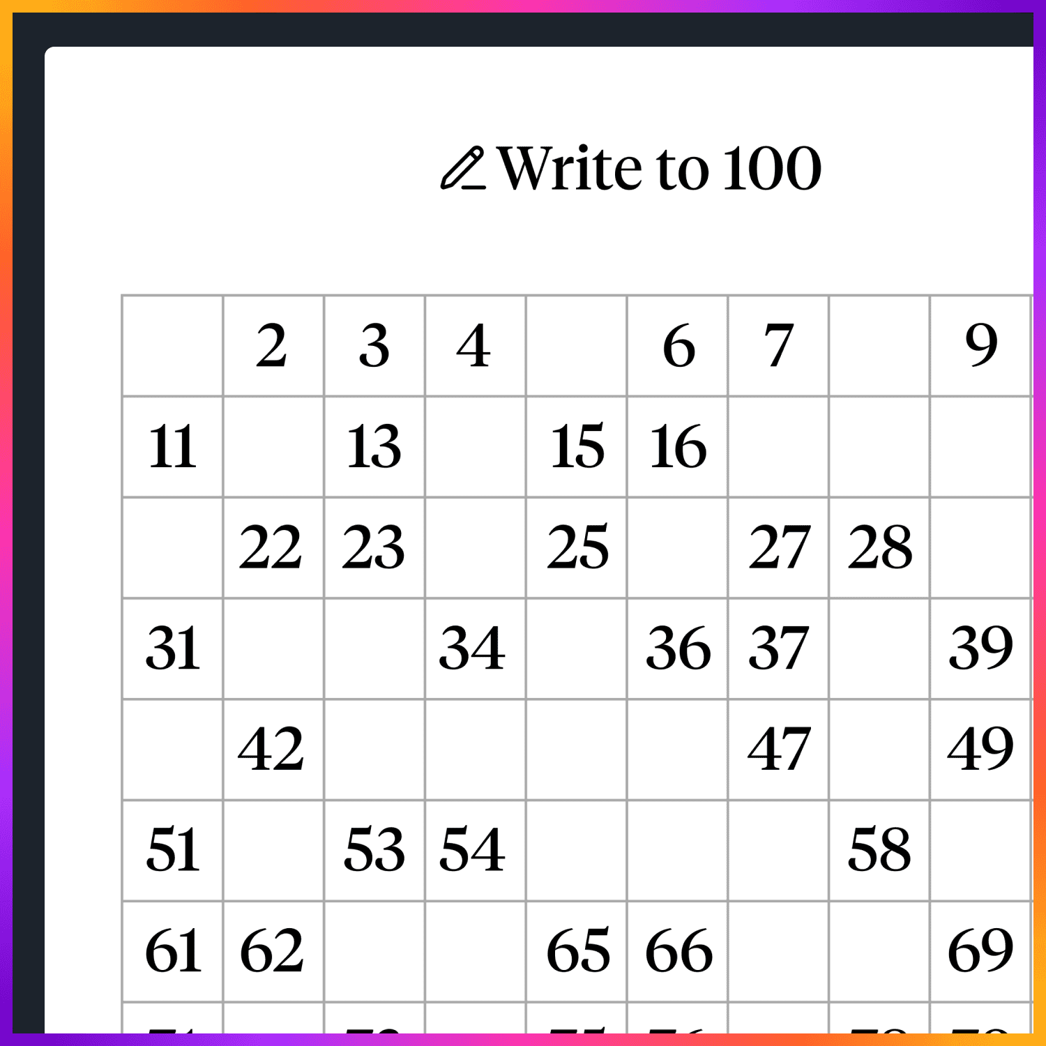 Write to 100 | Number Charts Sheet | Blank, Filled & Missing Numbers - Gallery image 1